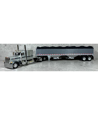 Dcp 1/64 Silver Peterbilt Flattop with Gray Wilson Grain Trailer