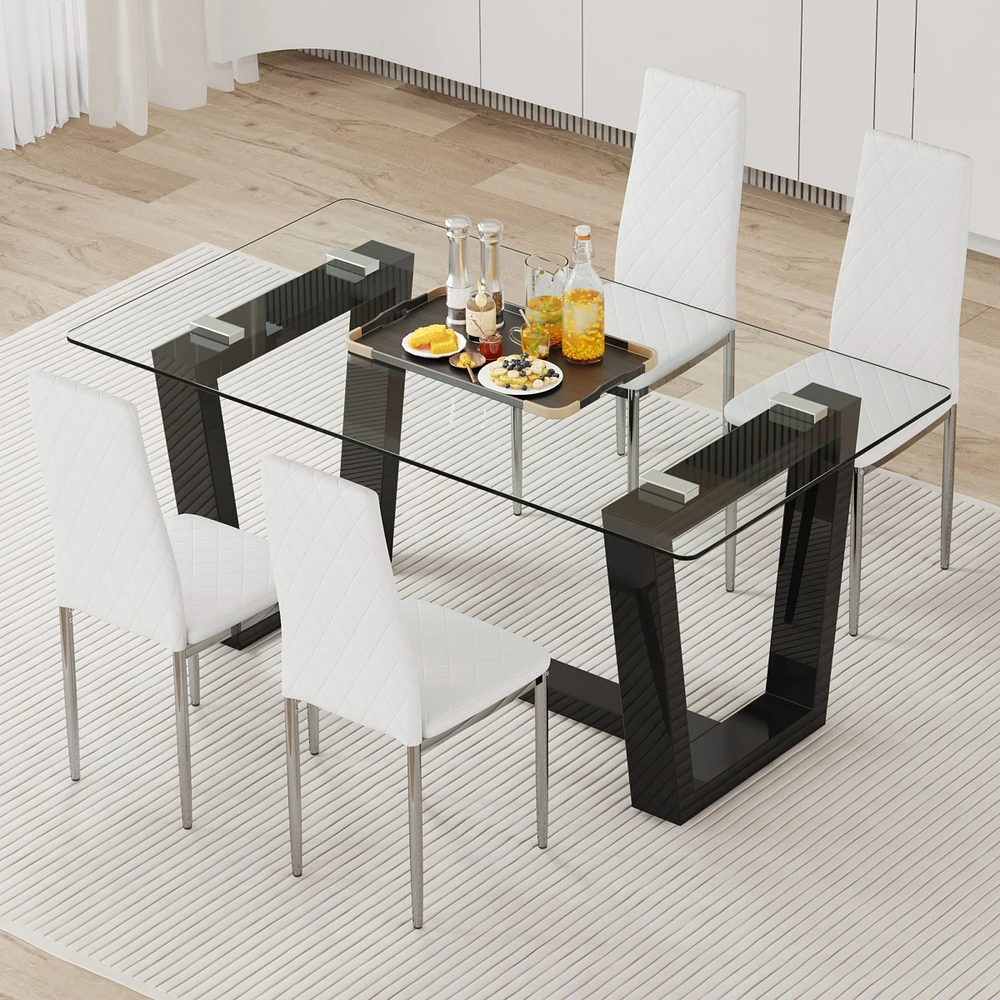 Streamdale Furniture Table and chair set.a rectangular dining table features with tempered glass top and sleek black Mdf stand.Paired with 4 Pu chairs