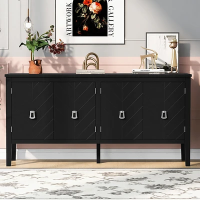 Four-Door Sideboard with Geometric Line Patterns and Vintage Metal Handles for Timeless Elegance, Suitable for Living Rooms, Entrance and Study Rooms