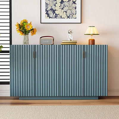 4 Wavy Doors Ample Storage Space Sideboard with Adjustable Shelves and Retro Copper Handles for Dining Room and Living Room (Black)