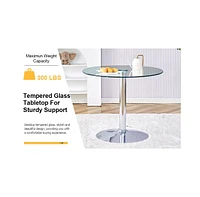 Streamdale Furniture A glass tabletop with a diameter of 35 inches and a modern minimalist circular dining table with electroplated silver metal legs.