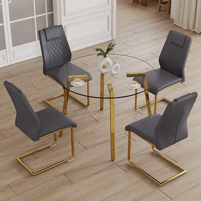 Simplie Fun Table and chair set.a Modern Minimalist Style Round Clear Tempered Glass Table with Metal Legs.Paired with dark gray chairs with Modern Pu