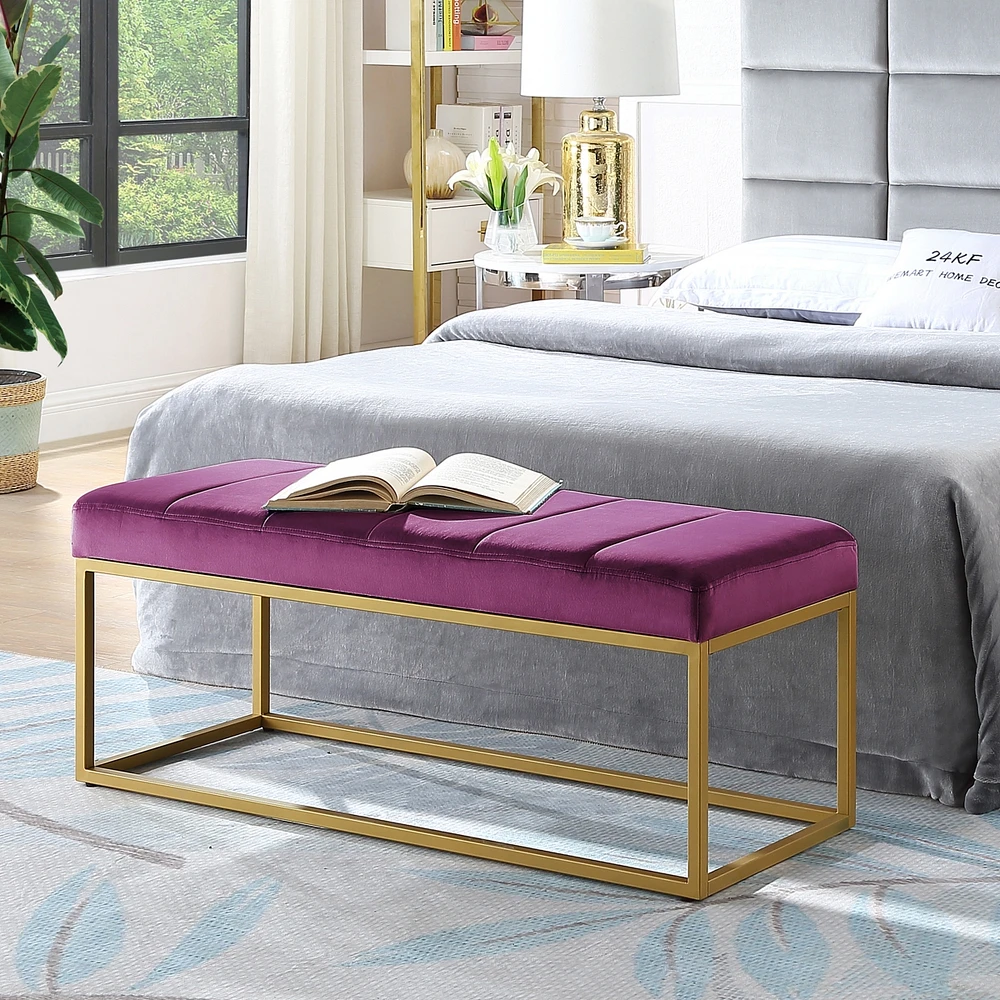 Simplie Fun Modern Tufted Channel Entryway Bench Emerald Velvet Upholstered End of Bed Bench with Metal Frame, Footboard Bench for Living Room, Bedroo