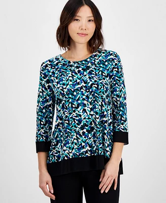 Ak Anne Klein Petite 3/4-Sleeve Solid-Trim Printed Tunic