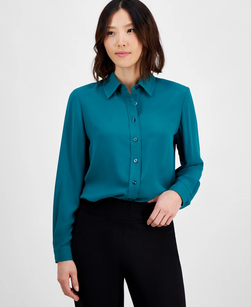 Ak Anne Klein Petite Long-Sleeve Button-Front Utility Blouse