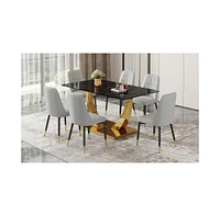 Streamdale Furniture Table and chair set.Modern rectangular dining table with black textured stickers glass tabletop and gold plated metal legs.Paired