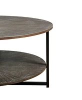 31.5" D x 31.5" W x 18.3" H Round Coffee Table With 2-Tier Storage, Farmhouse Living Room Cocktail Table With Black Metal Leg, Patchwor