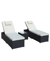 3-Piece Outdoor Patio Furniture Set Chaise Lounge, Patio Reclining Rattan Lounge Chair Chaise Couch Cushioned with Glass Coffee Table