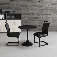 Black circular dining table, 31.5" tulip dining table, kitchen dining table for 2-4 people, Mdf tabletop and base, and 2 black Pu black metal leg