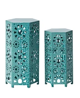 Eliana 2-Piece Sunburst Cutout Side Table Set In Teal, Blue, Or Green