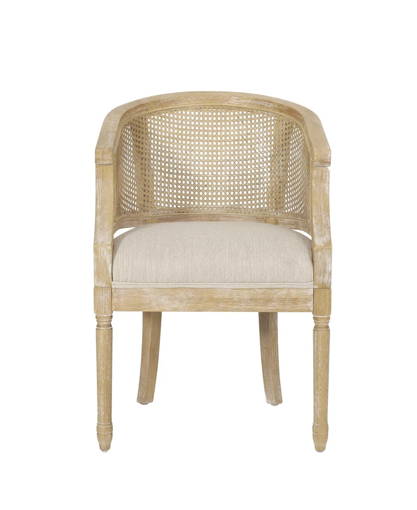 French Country Accent Chair: Curved Backrest, Cane Webbing, Weathered Wood