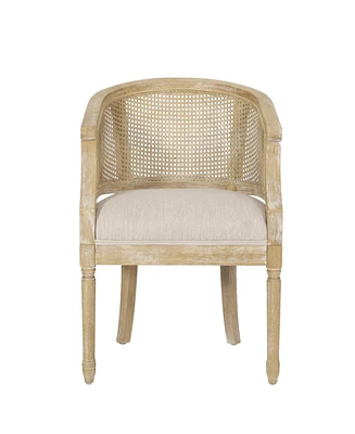 French Country Accent Chair: Curved Backrest, Cane Webbing, Weathered Wood