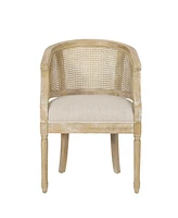 French Country Accent Chair: Curved Backrest, Cane Webbing, Weathered Wood
