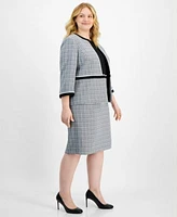 Kasper Plus Size Open Front Piped Trim Tweed Jacket Sleeveless Tweed Sheath Dress