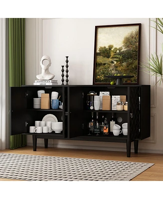 Modern 4-door Sideboard with Convex Pattern Doors and 2 Silver Handle for Living Room, Dining Room