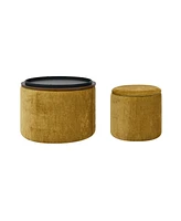 Streamdale Furniture 2-Piece Set Round Chenille Storage Ottoman, Equipped with a Drum Shaped Small Stool, Storage Space, and Mdf Made Desktop Panel (D