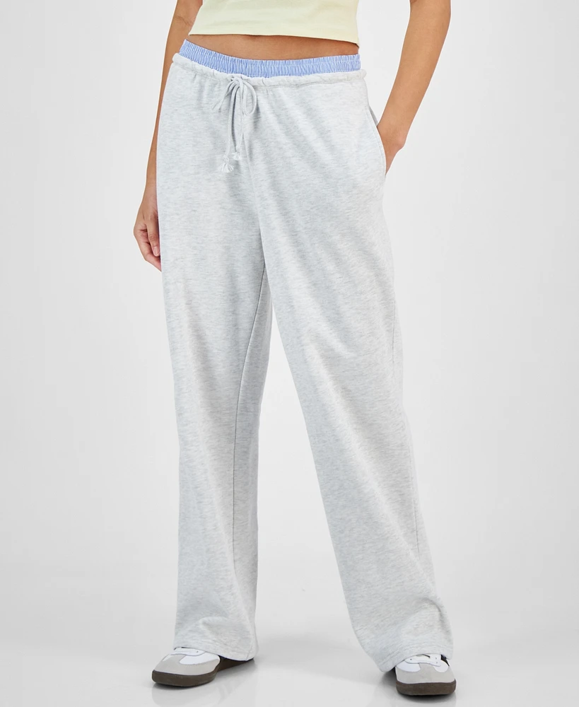 Ultra Flirt Juniors' High Rise Boxer-Trim Wide-Leg Sweatpants