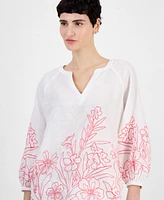 Charter Club Women's Embroidered Linen 3/4-Sleeve Top