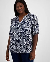 Tommy Hilfiger Plus Floral-Print Smocked Split-Neck Top