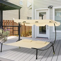 Patio Double Chaise Lounge Chair, Outdoor Wheeled Hammock Daybed with Adjustable Canopy and Pillow for Sun Room, Garden, or Poolside, Beige