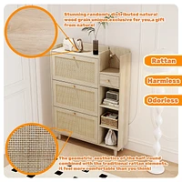Natural Bohemia Style Shoe Cabinet, Shoe Rack Cabinet with 3 Rattan Flip Drawers,3 Square Shelves and 1 Storage Drawer, Shoe Organizer with Mulit Stor
