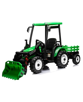 Streamdale Furniture Pedal Tractors with Working Loader and Backhoe Digger, Kids' Ride on Car Toys 24V Battery Powered Electric Vehicles with Trailer,