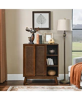 Mid Century Modern Rattan Sideboard Cabinet, Buffet Cabinet for Entryway Hallway Living Room Kitchen Dining Room Bedroom, Adjustable Shelf & Solid Woo