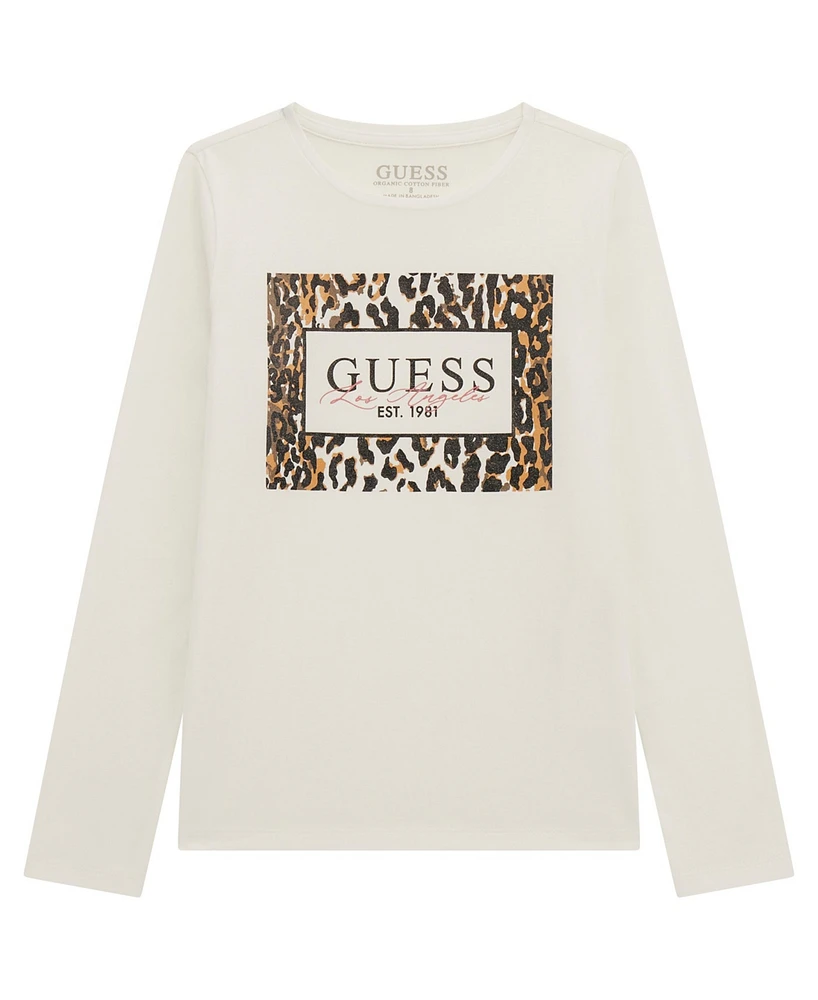 Guess Big Girls Long Sleeve Glitter Print T-Shirt