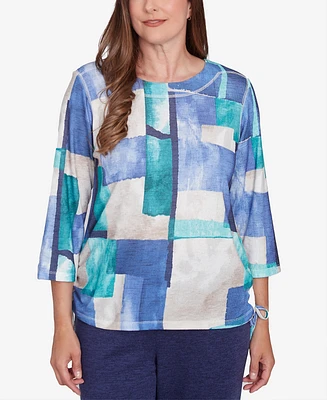 Alfred Dunner Petite French QuarterBlue Tone Box Print Ruched Top