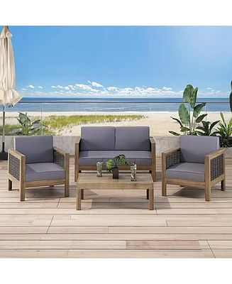 Simplie Fun 4-Seater Acacia Wood Chat Set With Wicker Accents And Water-Resistant Cushions