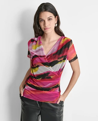 Dkny Women's Printed-Mesh V-Neck Top