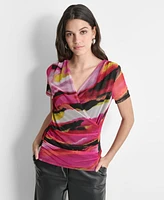 Dkny Women's Printed-Mesh V-Neck Top