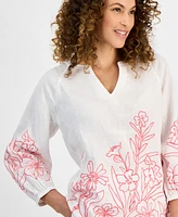 Charter Club Petite Embroidered Linen 3/4-Sleeve Top, Exclusively at Macy's