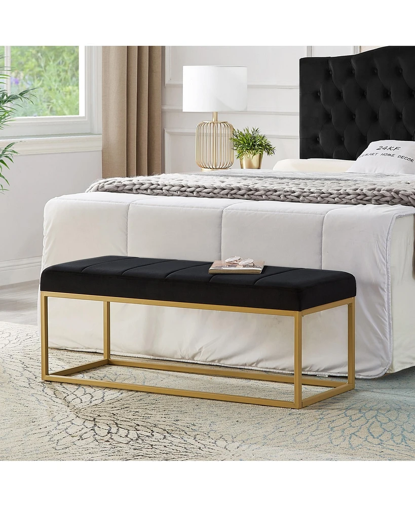 Streamdale Furniture Modern Tufted Channel Entryway Bench Emerald Velvet Upholstered End of Bed Bench with Metal Frame