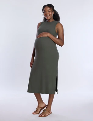 Motherhood Maternity Crew Neck Rib Knit Sleeveless Midi Dress