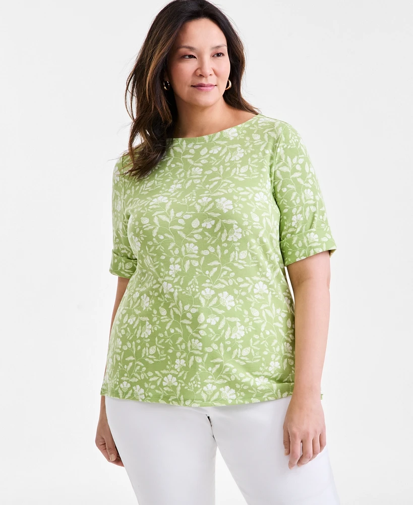 Style & Co Plus Printed Elbow-Sleeve Tee, Exclusively at Macy's