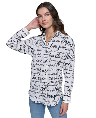 Karl Lagerfeld Paris Petite Printed Long-Sleeve Shirt