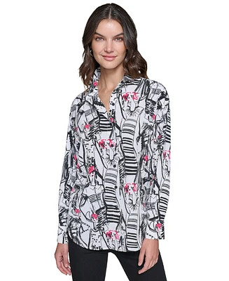 Karl Lagerfeld Paris Petite Printed Long-Sleeve Shirt