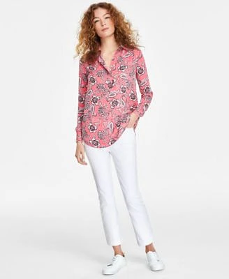 Jones New York Womens Printed Half Placket Tunic Blouse Mid Rise Cropped Kick Flare Jeans