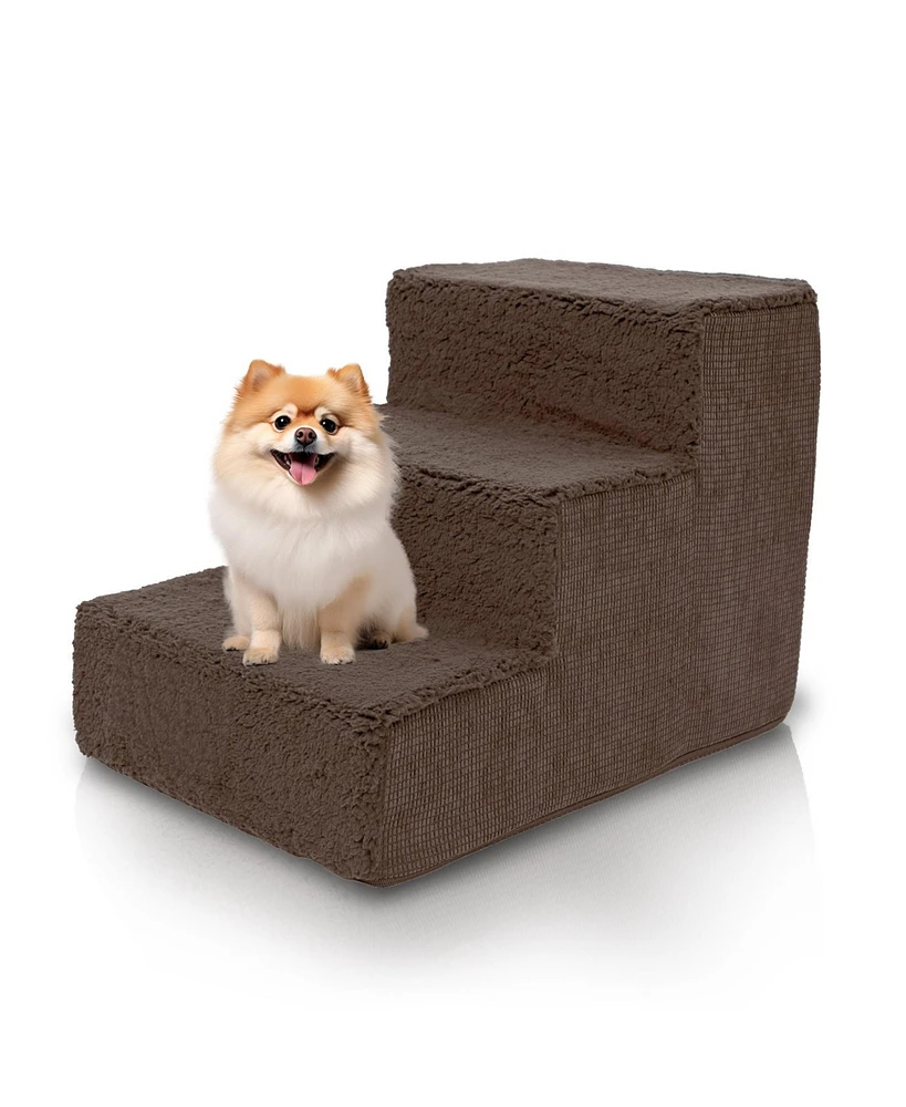 Home Base Dog Steps, 3-Step Pet Stairs for Dogs and Cats, Ramp for High Bed and Couch, Non Slip, High Density Foam Sherpa Top