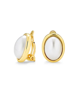 Bling Jewelry Simple White Pearl Cabochon Oval Clip-On Earrings 14K Gold Plated Non-Pierced Ears