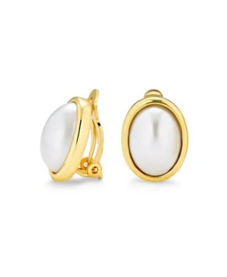 Bling Jewelry Simple White Pearl Cabochon Oval Clip On Earrings 14k Gold Plated Non Pierced Ears