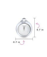 Bling Jewelry Simple Button Style Round Dome Bezel Pearl Clip-On Earrings Silver Plated Brass