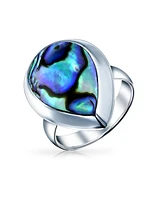 Bling Jewelry Large Teardrop Bezel Rainbow Shell Abalone Ring .925 Sterling Silver