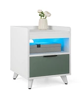 Gymax Nightstand Modern Beside End Table w/ Led Lights Open Compartment & Drawer