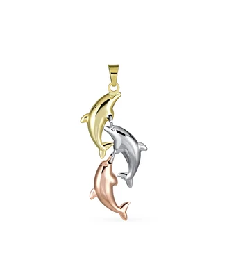 Bling Jewelry Vacation Real Tri Color 14K Yellow Rose White Gold Nautical Trio Sea Life Fish Charm 3 Dolphin Family Necklace Pendant For Women No Chai