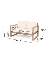 Outdoor Acacia Wood Loveseat And Coffee Table Set With Cushions, Brown Wash, Beige