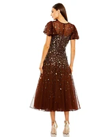 Mac Duggal Women's Flutter Sleeve Sheer Top Beaded Dress