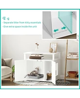 Wooden Cat Litter Box Enclosure Furniture with Adjustable Partition, Cat Washroom End Table with Open Shelf, White