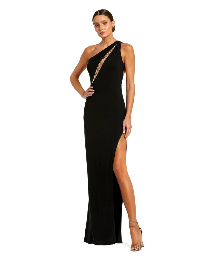 Mac Duggal Women's One Shoulder Gown with Sheer Embellished Cut Out